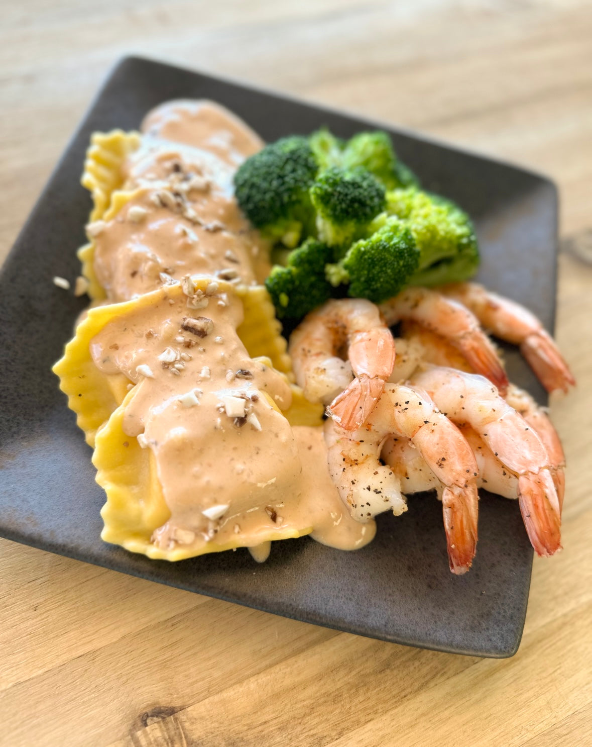 Cheese stuffed Ravioli & Shrimp