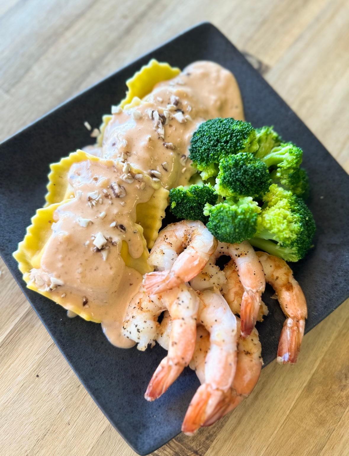 Cheese stuffed Ravioli & Shrimp